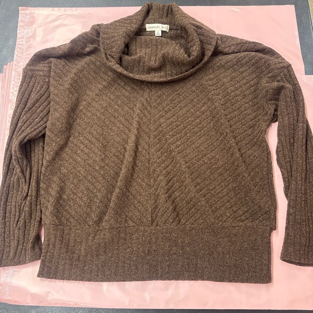 Parallel Skies Ribbed Cowl Neck Sweater Brown Chevron Knit – Size Large